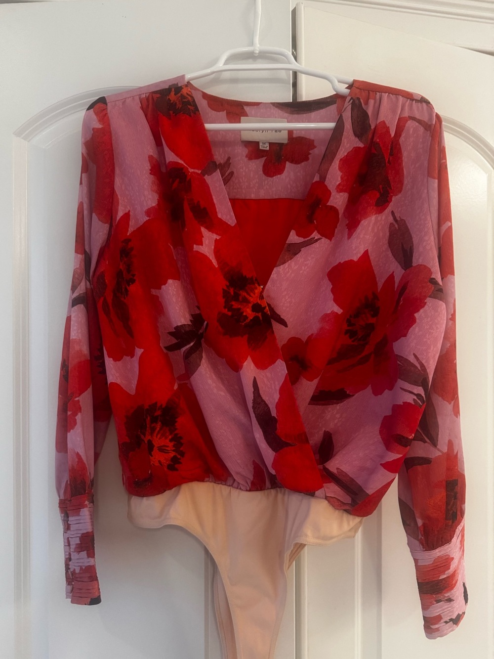 Adelyn Rae Red Floral Wrap-Front Bodysuit Top